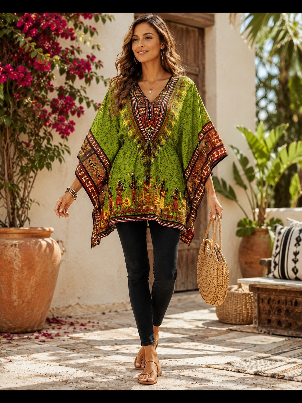 Boho V‑Neck Tunic Top Green Multicolor Flowy Blouse Adjustable Fit. S-XL